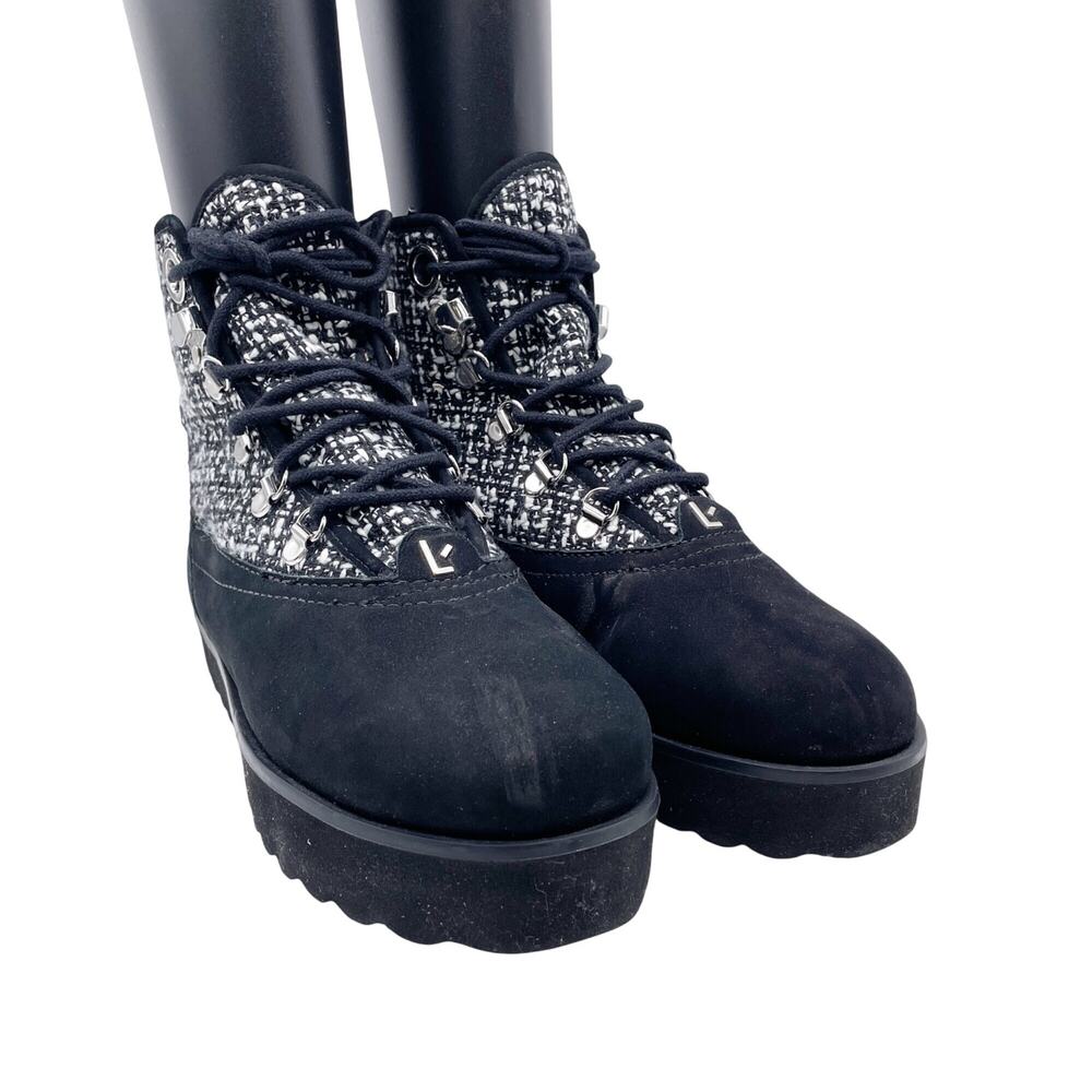 Larroude Women's Black Tweed Suede‎ Lace Up Vail Boot Size 6